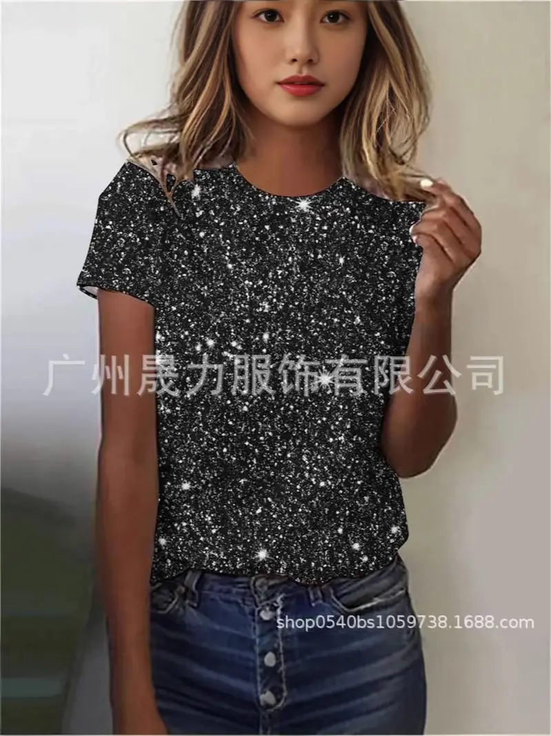 Women Shiny Sequin Round Neck Top Multi Color Casual