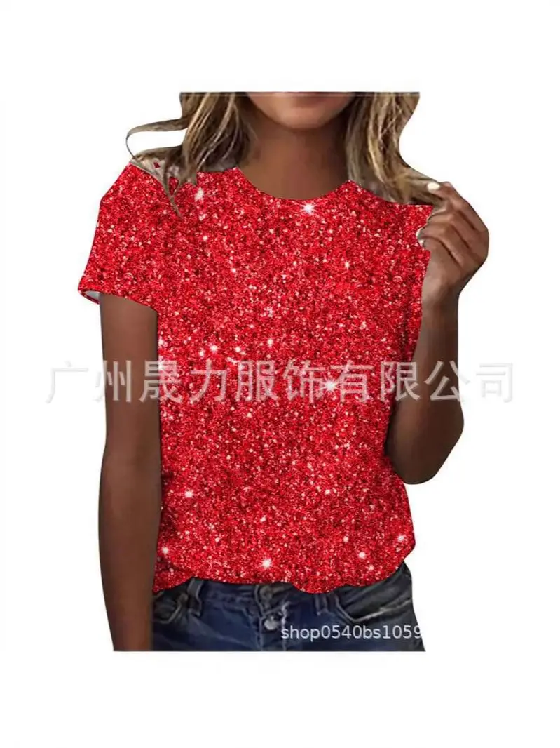 Women Shiny Sequin Round Neck Top Multi Color Casual