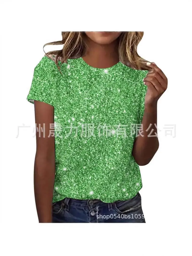 Women Shiny Sequin Round Neck Top Multi Color Casual
