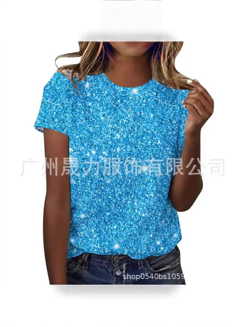 Women Shiny Sequin Round Neck Top Multi Color Casual