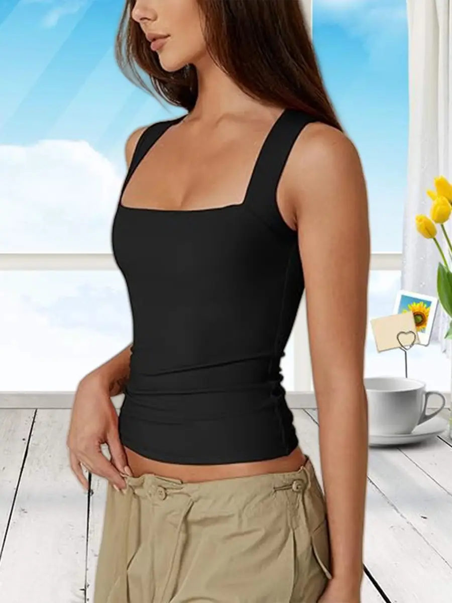 Women Square Neck Sleeveless Vest Black Summer