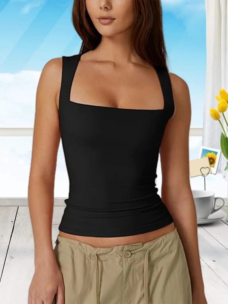 Women Square Neck Sleeveless Vest Black Summer
