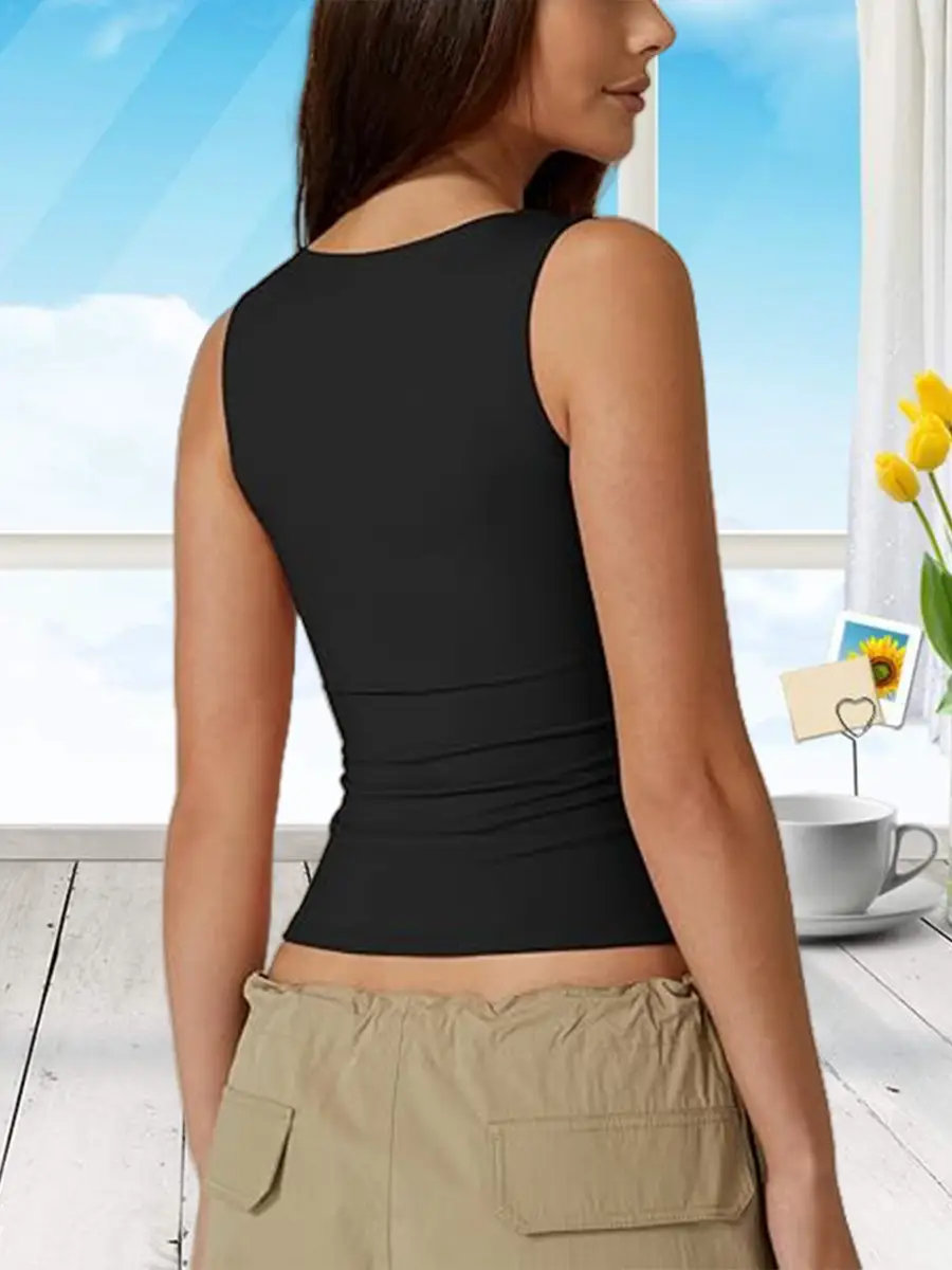 Women Square Neck Sleeveless Vest Black Summer