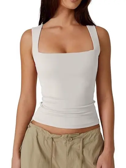 Women Square Neck Sleeveless Vest Black Summer