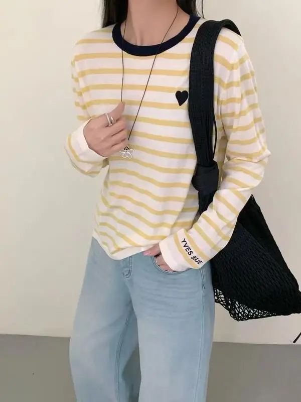 Women Striped Long Sleeve Silk Shirt Yellow