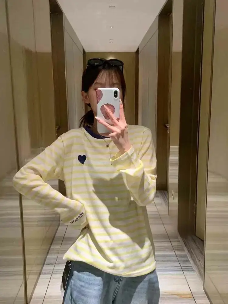 Women Striped Long Sleeve Silk Shirt Yellow