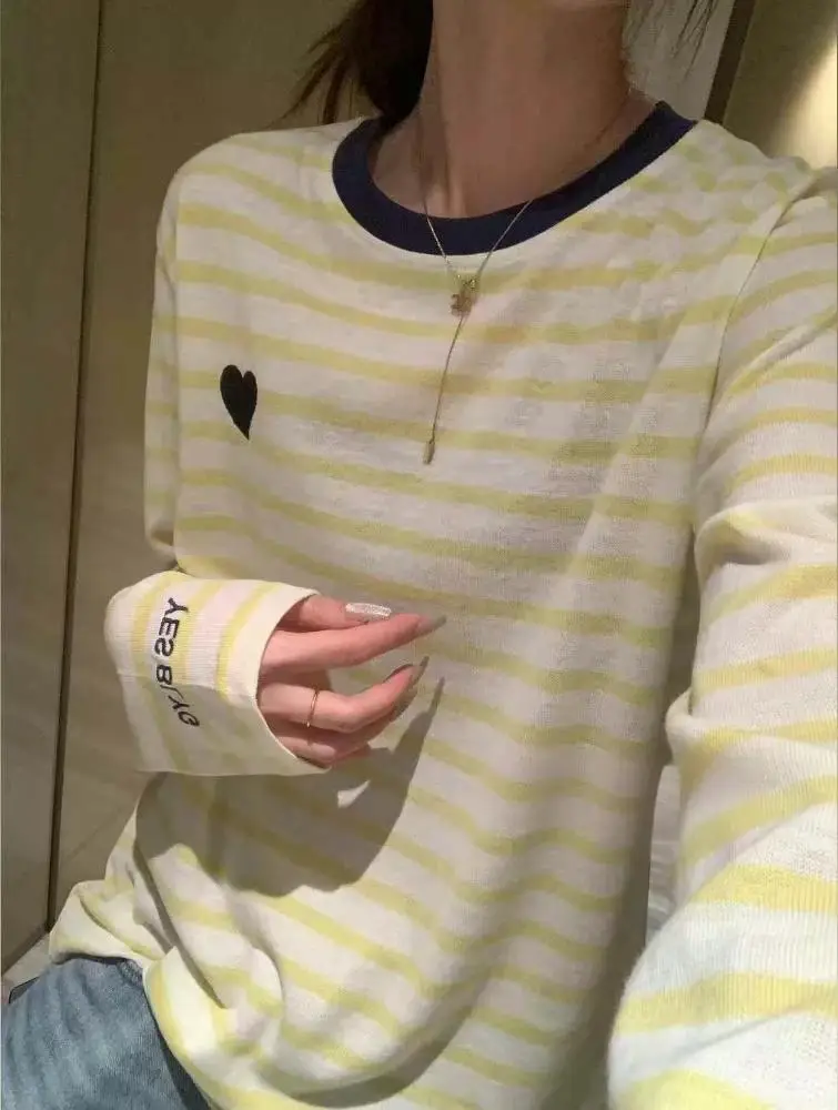Women Striped Long Sleeve Silk Shirt Yellow
