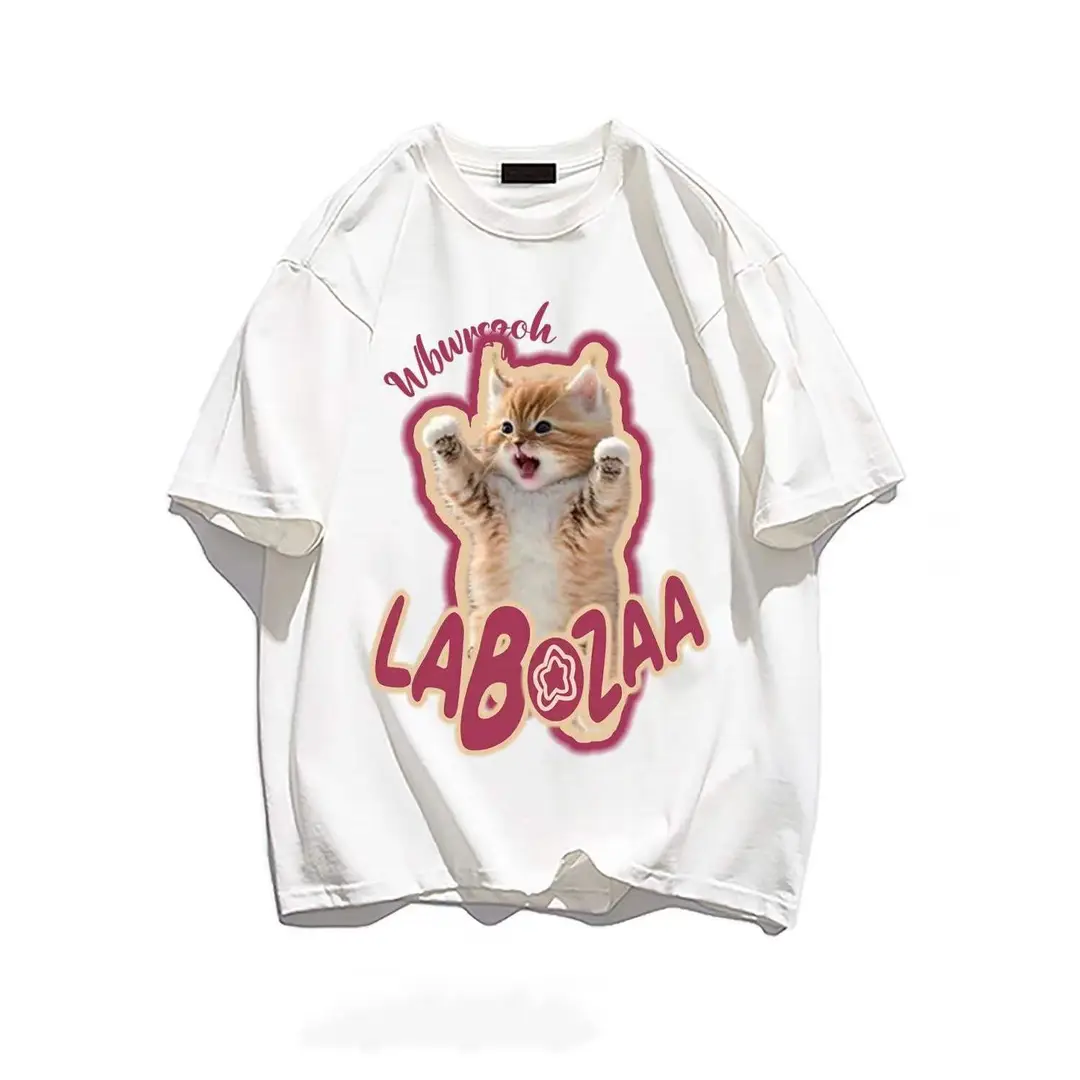 Women Loose Cotton T-Shirt with Cat Print Summer Casual Wear