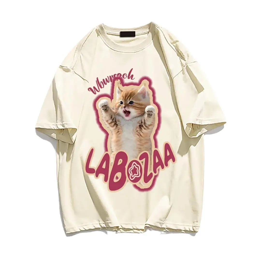 Women Loose Cotton T-Shirt with Cat Print Summer Casual Wear