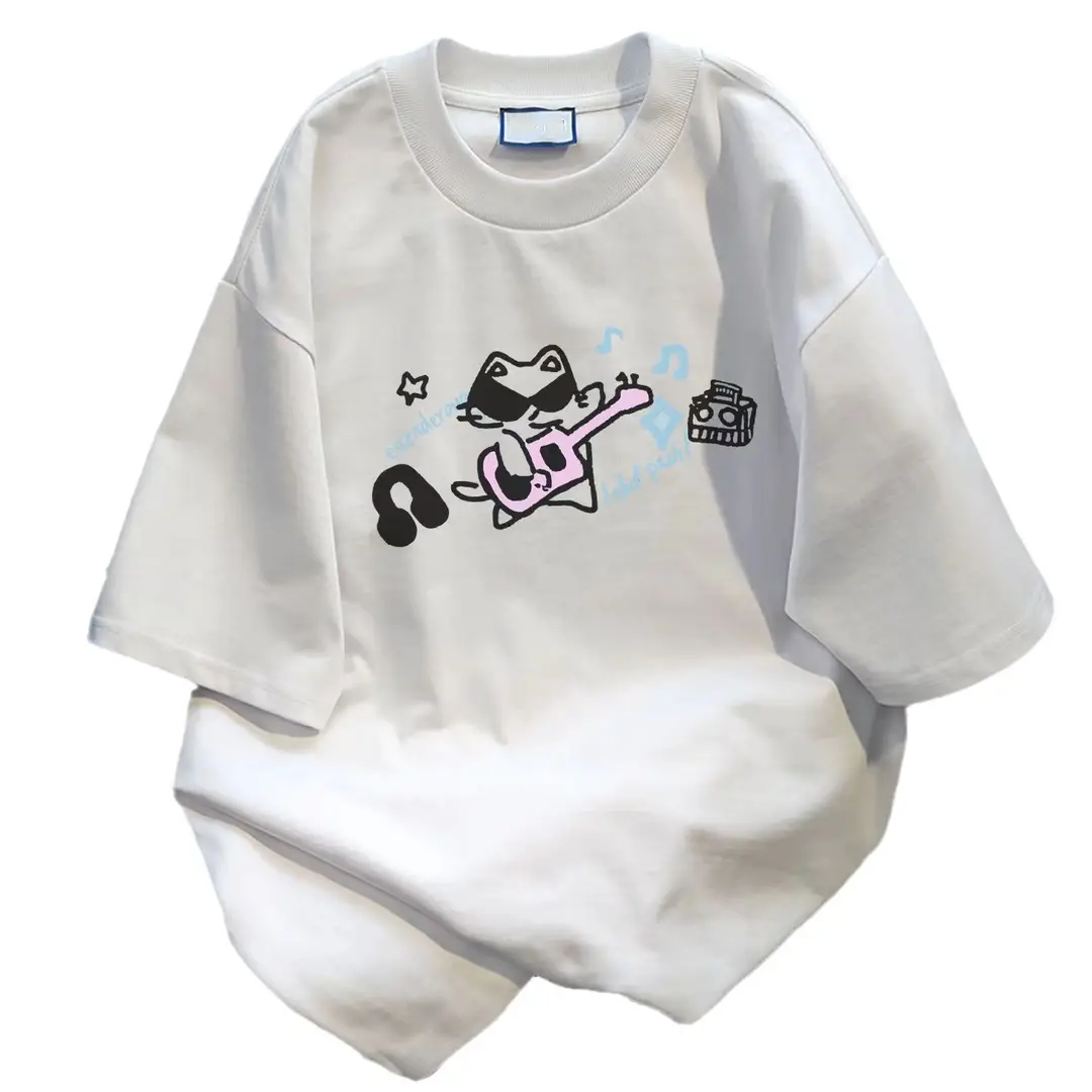 Women Loose Cotton Cat Print T-Shirt Summer White Gray