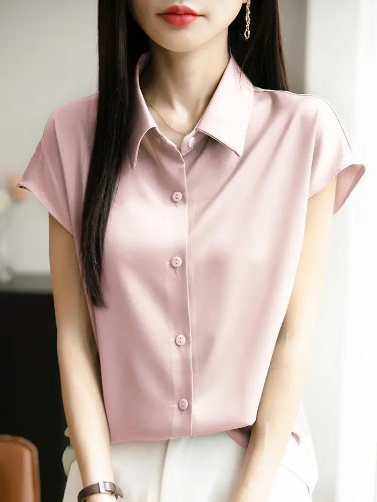 Women Simulated Silk Short Sleeve Polo Shirt White Loose Fit Summer