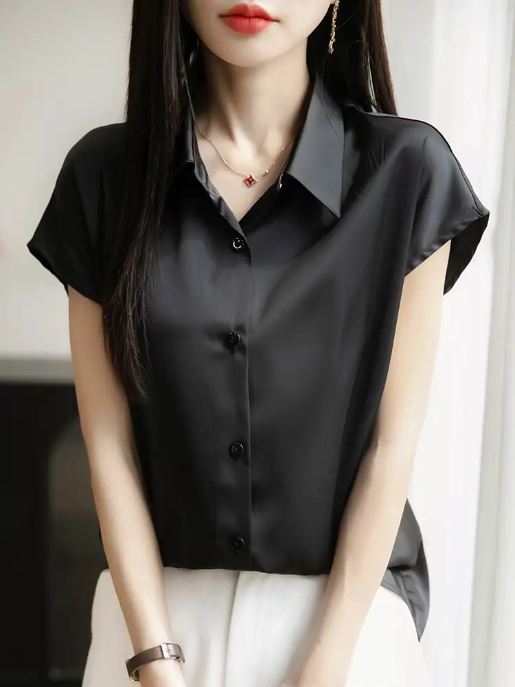 Women Simulated Silk Short Sleeve Polo Shirt White Loose Fit Summer