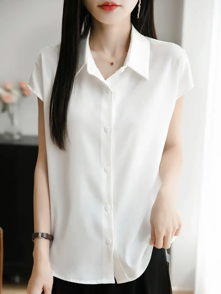 Women Simulated Silk Short Sleeve Polo Shirt White Loose Fit Summer