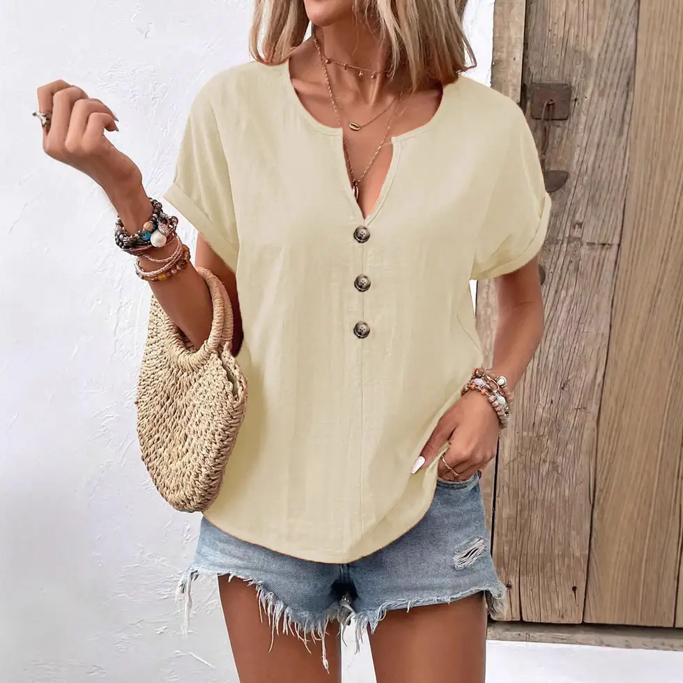 Women Button V-Neck Short Sleeve Summer Top