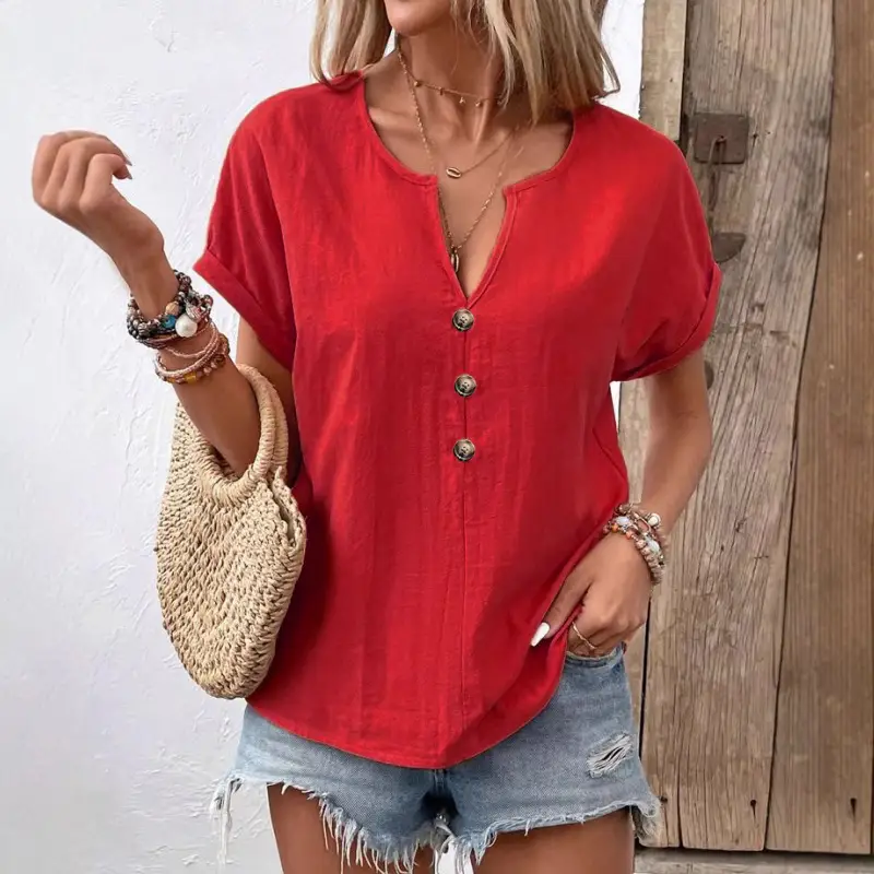 Women Button V-Neck Short Sleeve Summer Top