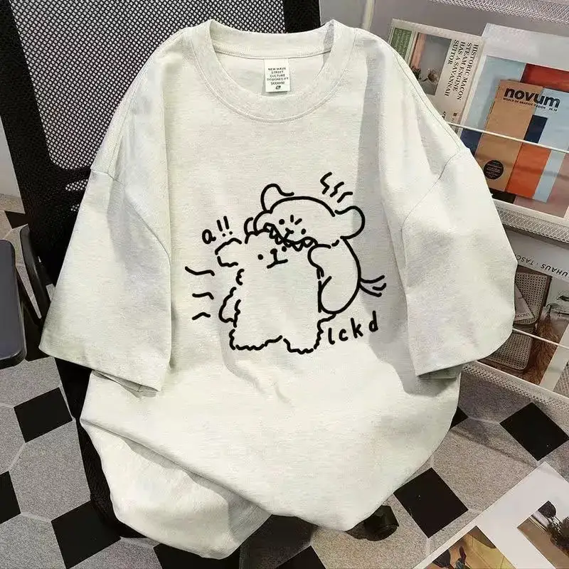 White Cotton Bear Print T-Shirt for Women Summer