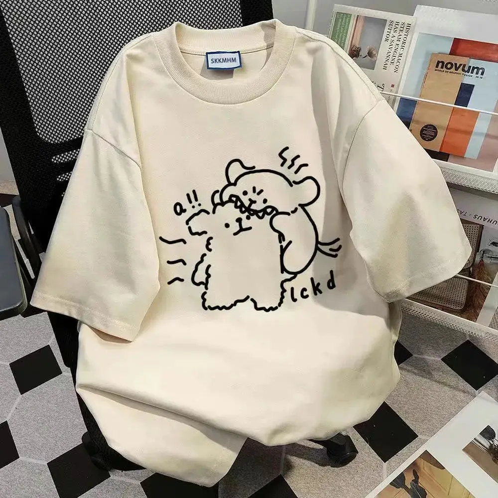 White Cotton Bear Print T-Shirt for Women Summer