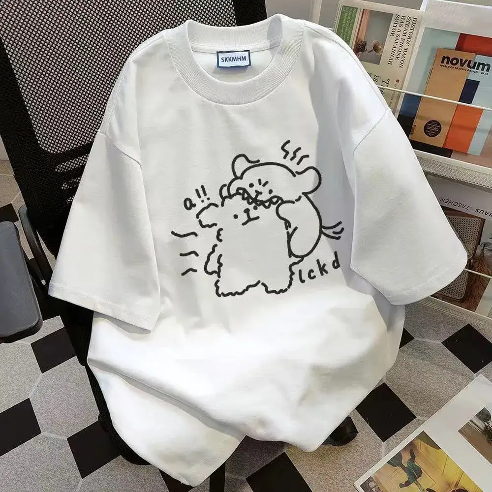 White Cotton Bear Print T-Shirt for Women Summer