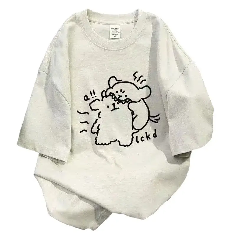 White Cotton Bear Print T-Shirt for Women Summer