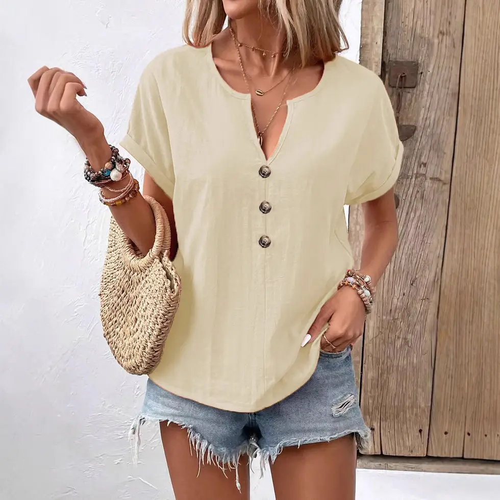 Women Button V-Neck Short Sleeve Shirt Summer Casual