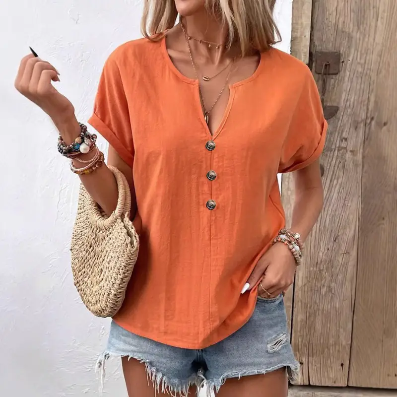 Women Button V-Neck Short Sleeve Shirt Summer Casual