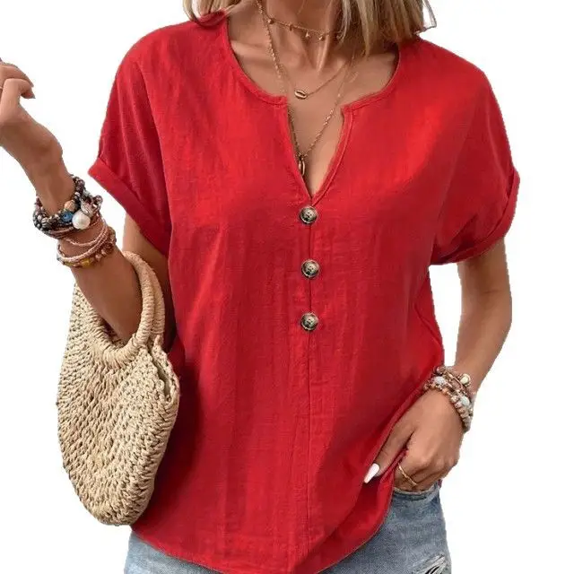Women Button V-Neck Short Sleeve Shirt Summer Casual