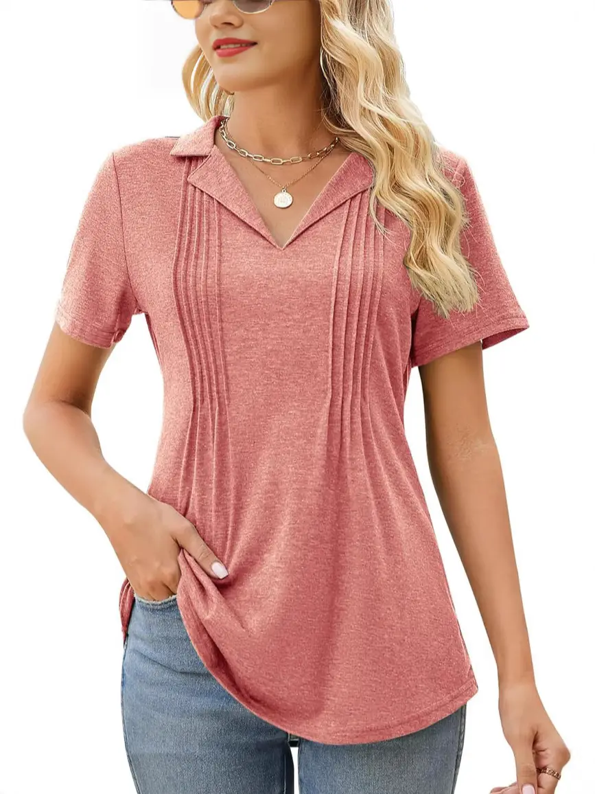 Women V-Neck Pleated Short Sleeve Black T-Shirt Loose Fit
