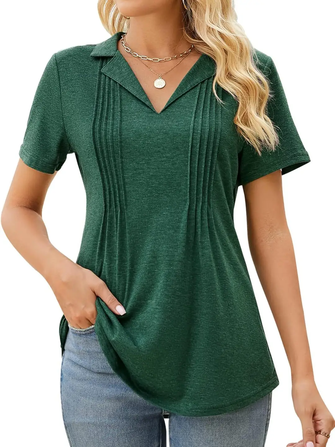 Women V-Neck Pleated Short Sleeve Black T-Shirt Loose Fit