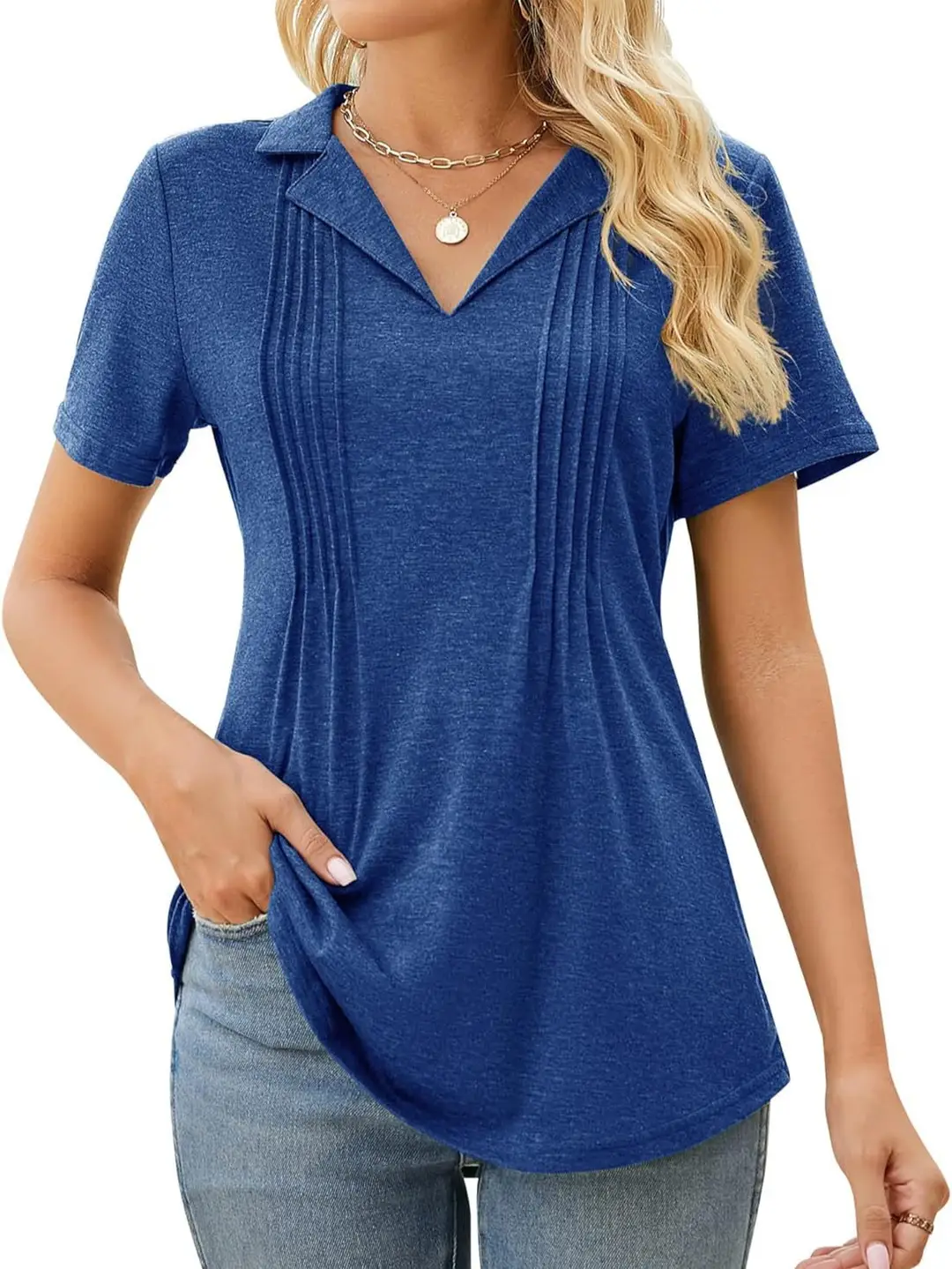 Women V-Neck Pleated Short Sleeve Black T-Shirt Loose Fit