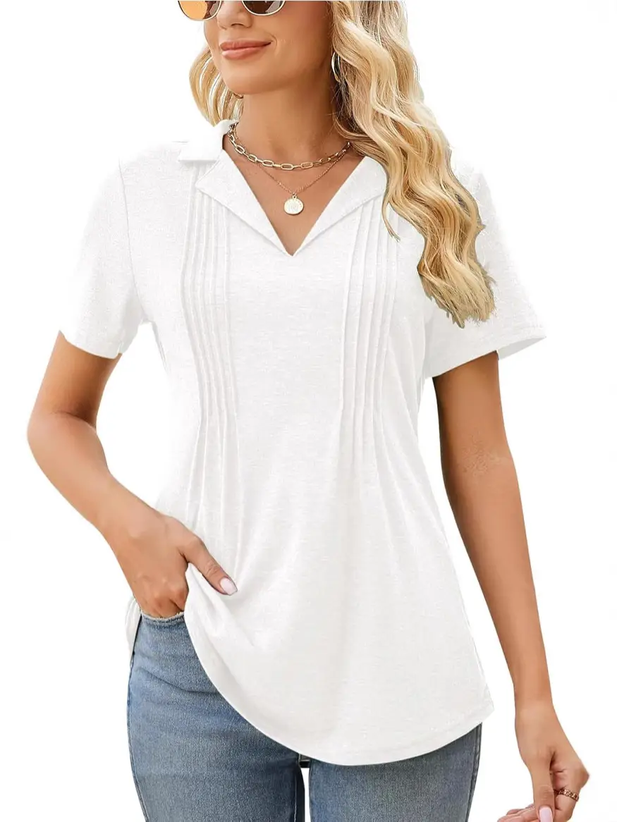 Women V-Neck Pleated Short Sleeve Black T-Shirt Loose Fit