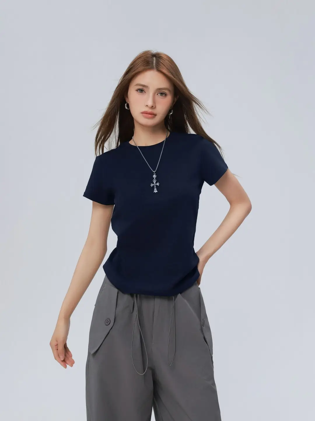 Women Slimming Retro Short Sleeve Top Macaron Blue