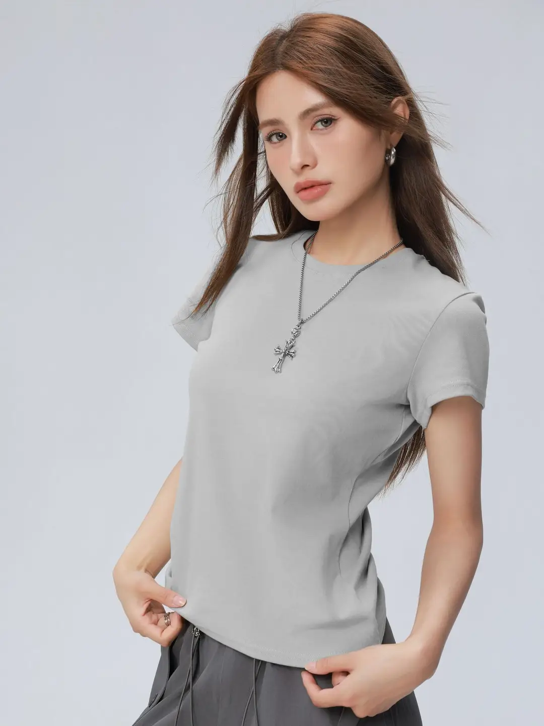 Women Slimming Retro Short Sleeve Top Macaron Blue