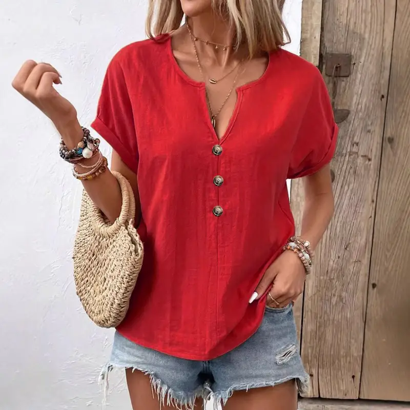 Women Button V-Neck Short Sleeve T-Shirt Summer Casual Tops