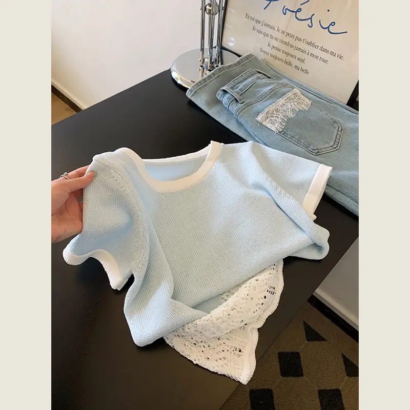 Women Knitted Short Sleeve T-Shirt Blue Elegant Summer Top