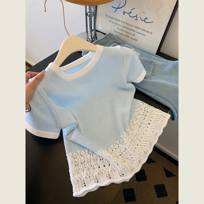 Women Knitted Short Sleeve T-Shirt Blue Elegant Summer Top