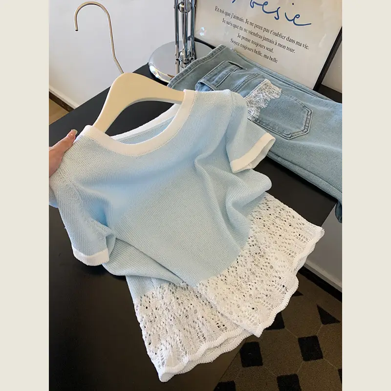 Women Knitted Short Sleeve T-Shirt Blue Elegant Summer Top
