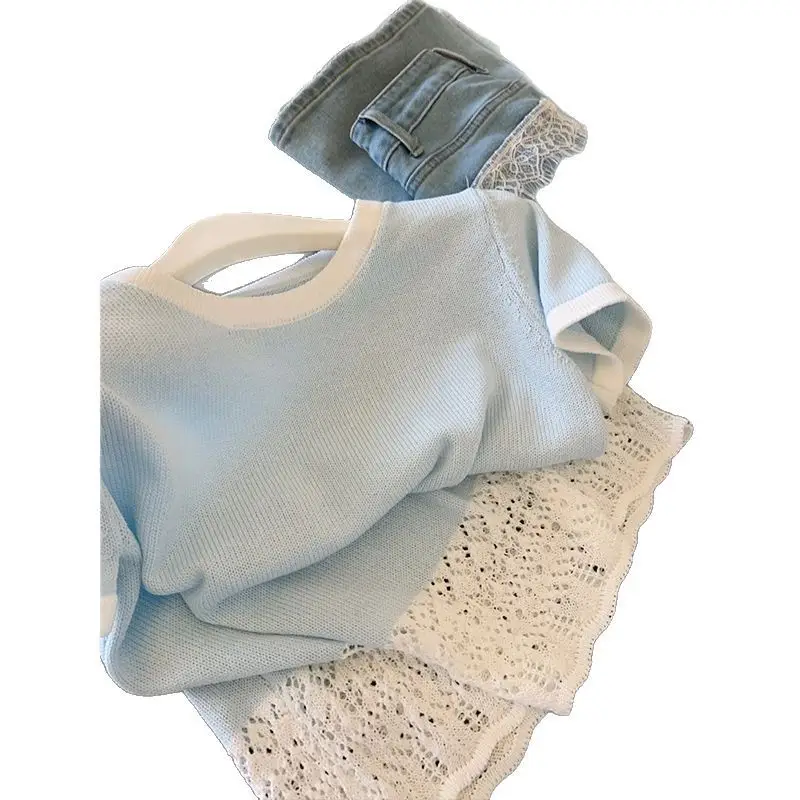 Women Knitted Short Sleeve T-Shirt Blue Elegant Summer Top