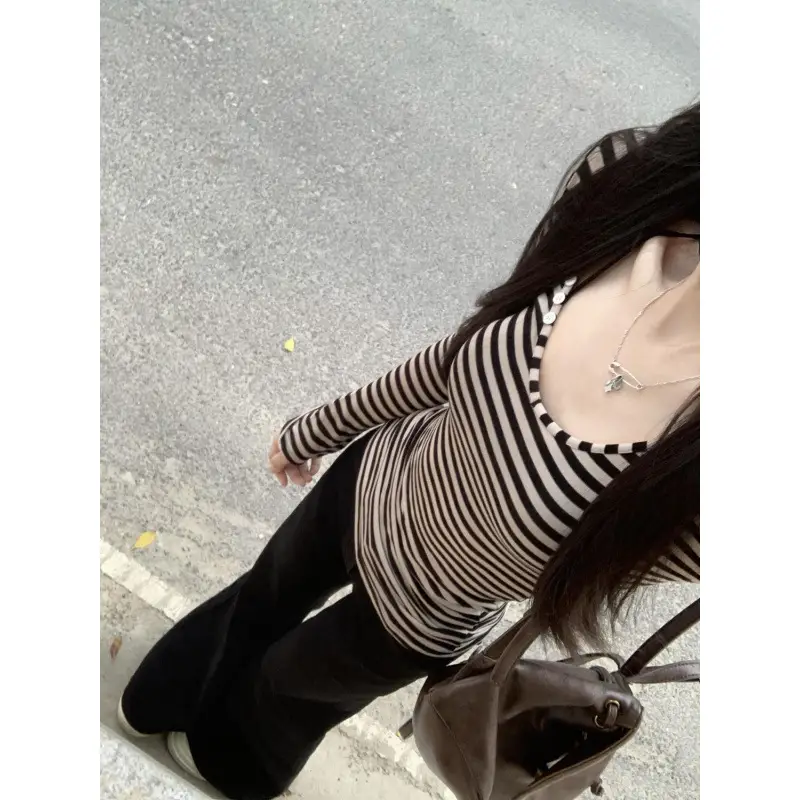 Women Striped Long Sleeve Slim Fit Autumn Top