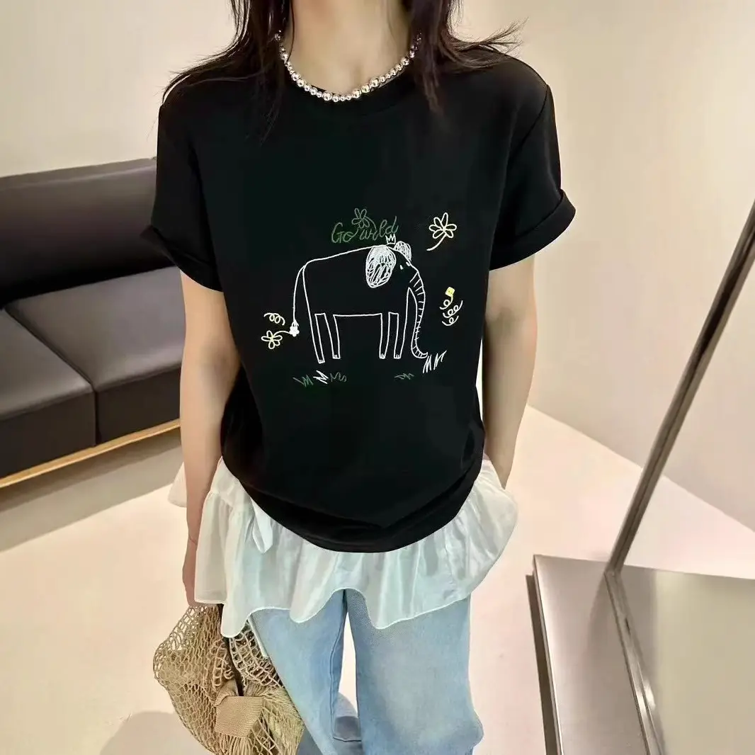Women Elephant Print T-Shirt Summer Short Sleeve White Grey Black One Size