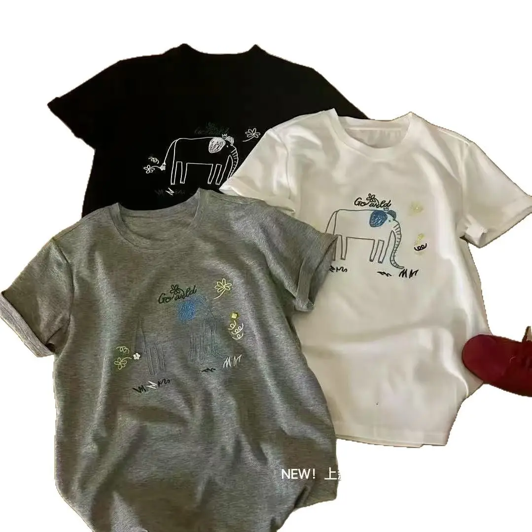 Women Elephant Print T-Shirt Summer Short Sleeve White Grey Black One Size