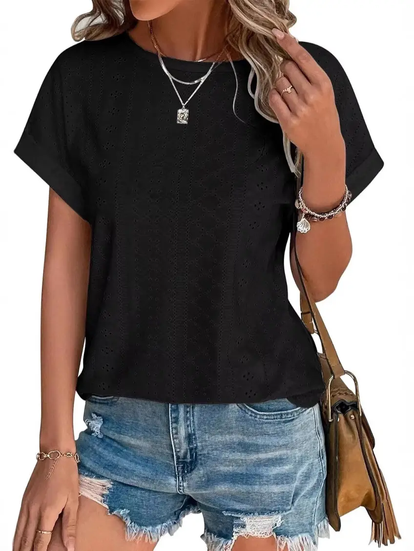 White Eyelet Short Sleeve Women's Casual T-Shirt Summer Beach Vacation