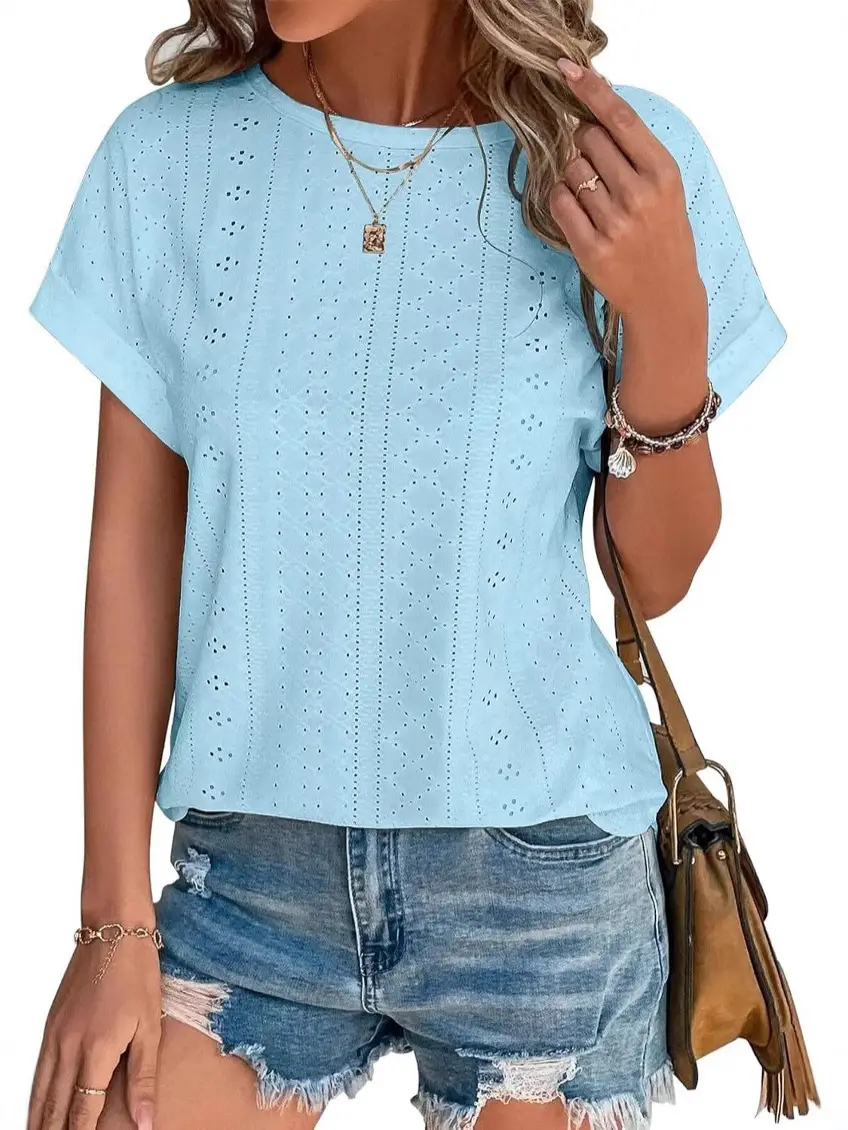 White Eyelet Short Sleeve Women's Casual T-Shirt Summer Beach Vacation