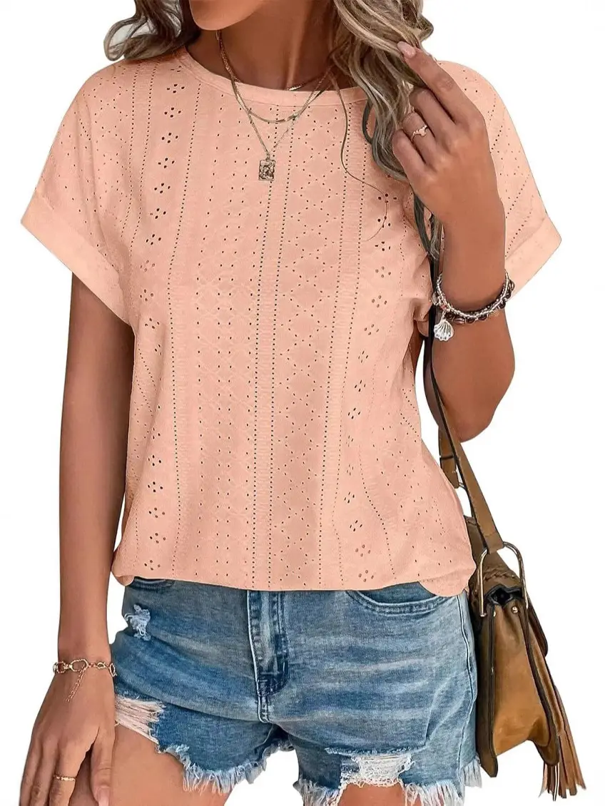 White Eyelet Short Sleeve Women's Casual T-Shirt Summer Beach Vacation