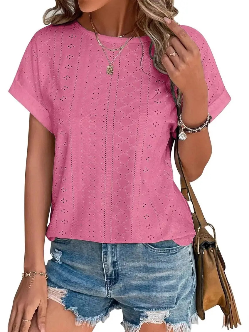 White Eyelet Short Sleeve Women's Casual T-Shirt Summer Beach Vacation
