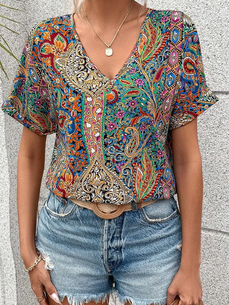 Women Paisley V-Neck Top Short Sleeve Summer