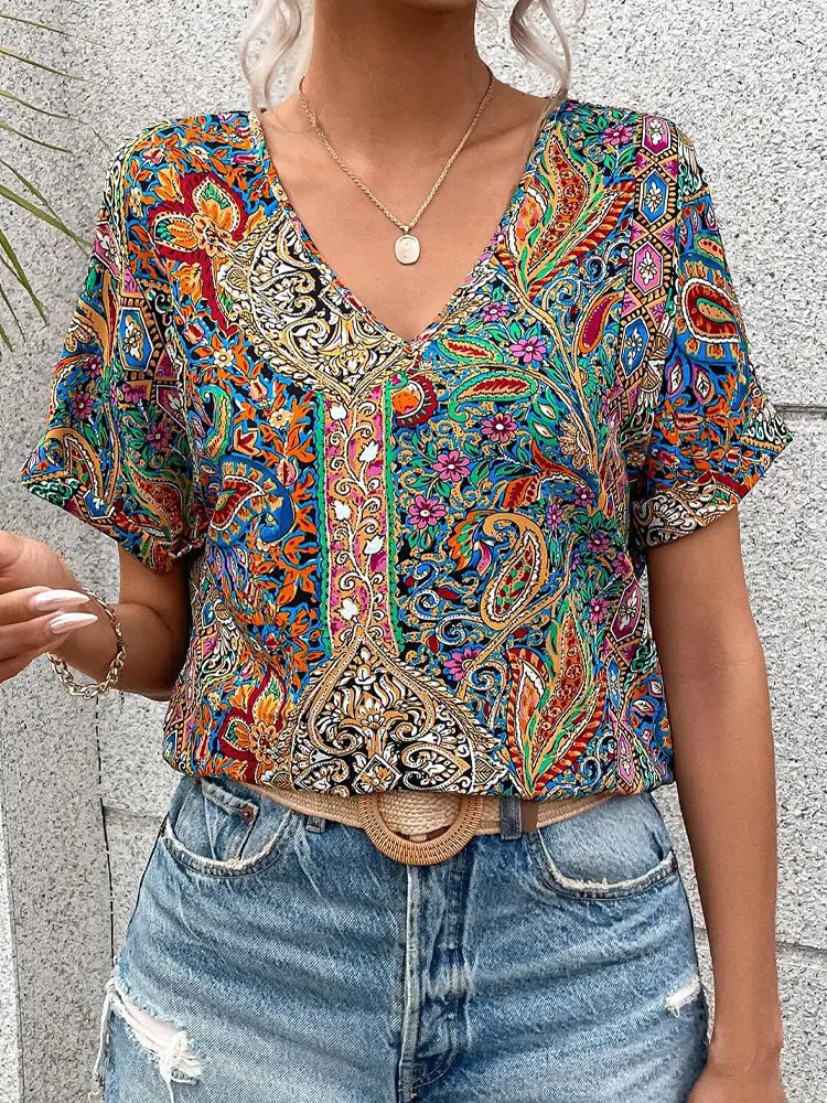 Women Paisley V-Neck Top Short Sleeve Summer