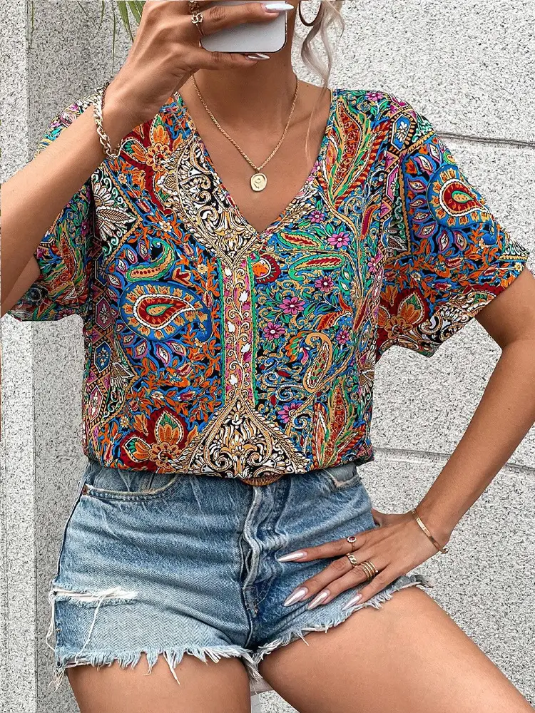 Women Paisley V-Neck Top Short Sleeve Summer