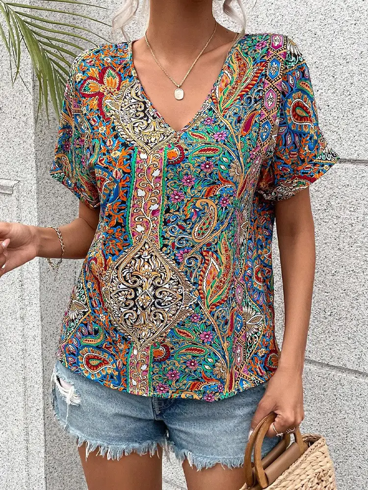 Women Paisley V-Neck Top Short Sleeve Summer