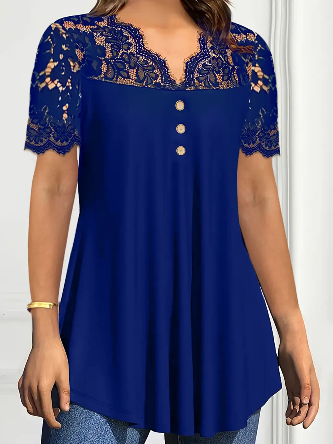 Black Lace V-Neck Short Sleeve Women's Casual Shirt