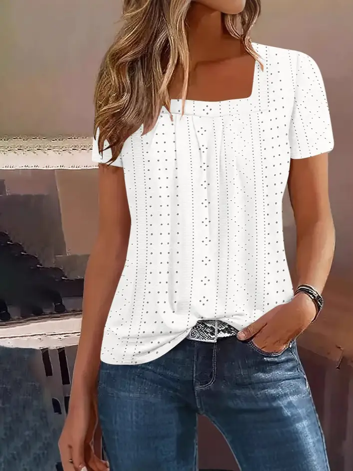 Women Loose Square Neck Short Sleeve Top Green Summer Casual